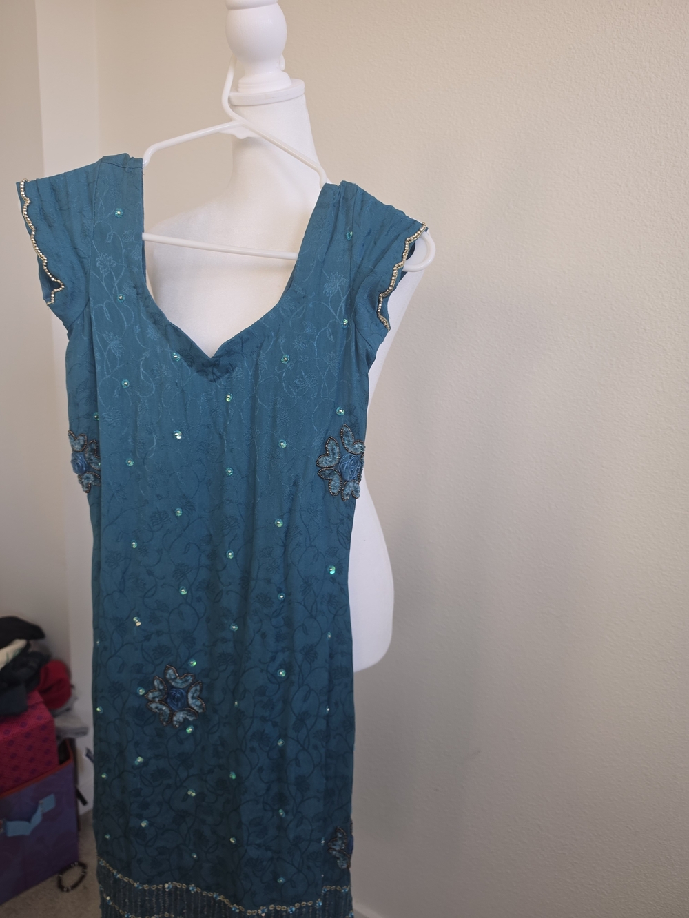 Teal Blue Pajami Suit Custom Made. Cap Sleeves. Embellished Flowers With Jeweled